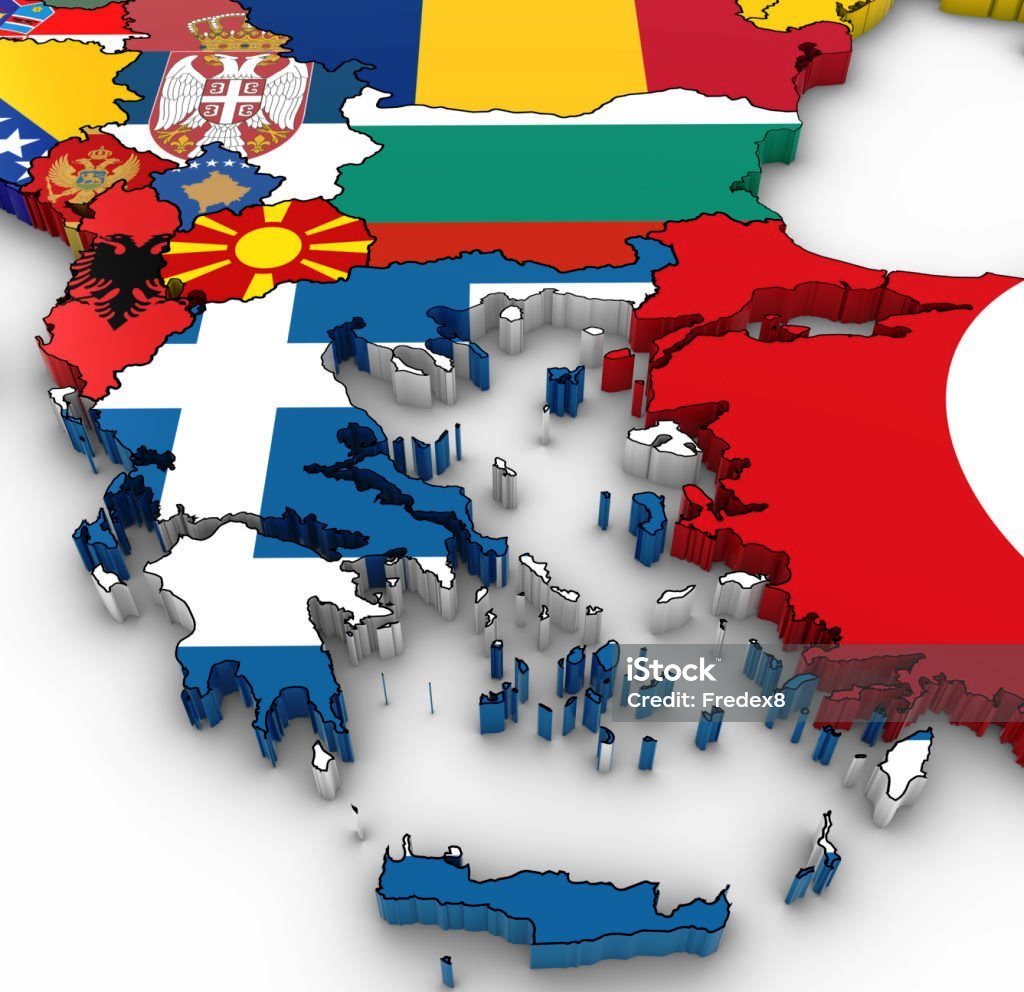 3D Map of the Balkans with National Flags on White Background 3D Illustration