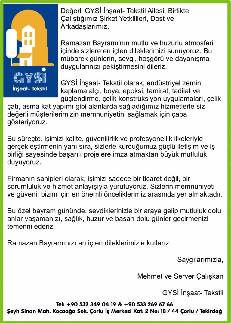 GYSİ İnşaat- Tekstil olarak, endüstriyel zemin kaplama alçı, boya, epoksi, tamirat, tadilat ve güçlendirme, çelik konstrüksiyon uygulamaları, çelik çatı, asma kat yapımı gibi alanlarda sağladığımız hizmetlerle siz değerli müşterilerimizin memnuniyetini sağlamak için çaba gösteriyoruz.