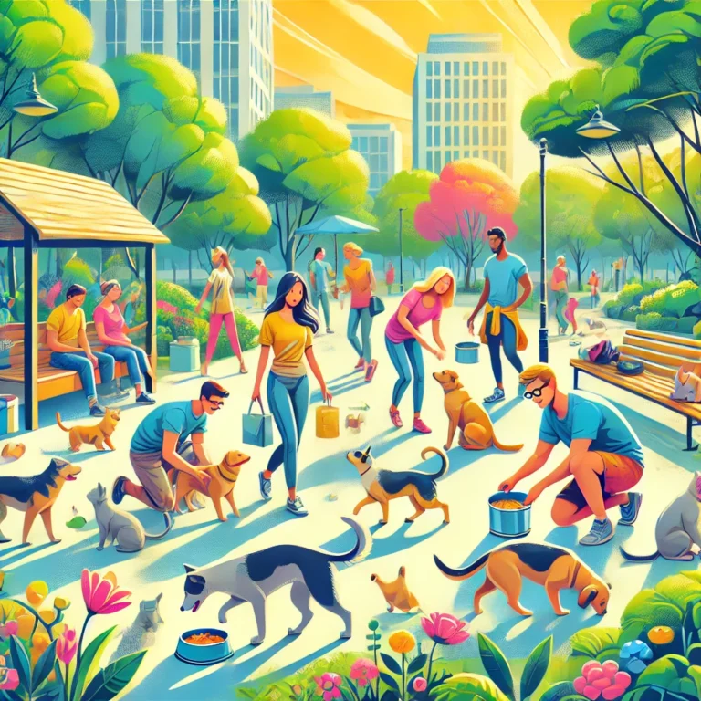 DALL·E 2024-07-25 22.11.01 - A lively and colorful scene in a city park where people are actively caring for stray animals like dogs and cats. The people are interacting with the