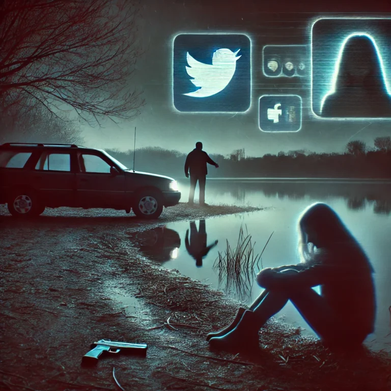 DALL·E 2024-08-12 13.40.12 - A dark, ominous scene by a lake at night, showing a parked car with two motionless figures inside. In the foreground, silhouettes of a man and a woman