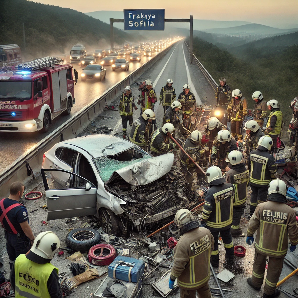 DALL·E 2024-08-23 13.21.28 - A detailed scene of a car accident on the Trakya highway, Sofia direction, early in the morning. The accident involves a damaged car with a Turkish li
