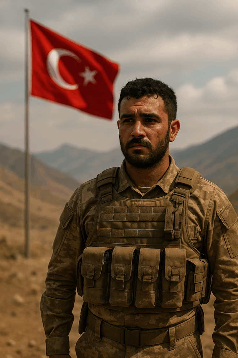 Yiğit bir Türk askeri, dağların ardında dalgalanan bayrağa selam duruyor.