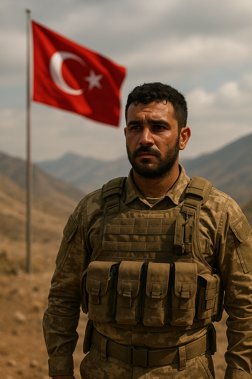 Yiğit bir Türk askeri, dağların ardında dalgalanan bayrağa selam duruyor.