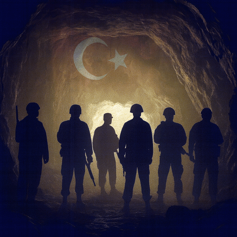 Karanlık mağarada silüet halinde beş asker