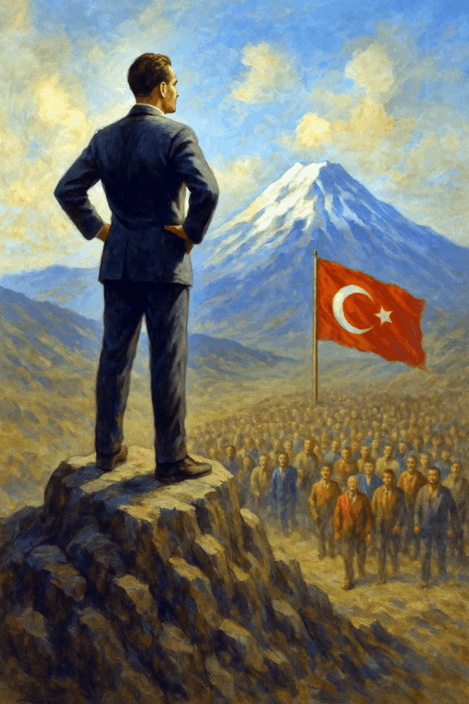 Dağın zirvesinde kararlı bir lider figürü duruyor. Eteklerde Türk bayrağı taşıyan kalabalık bir topluluk lideri destekliyor. Arka planda karlı bir dağ yükseliyor; sabah ışıkları ve sisli hava, Türk milliyetçiliği ve inanç temalarını simgeliyor.
