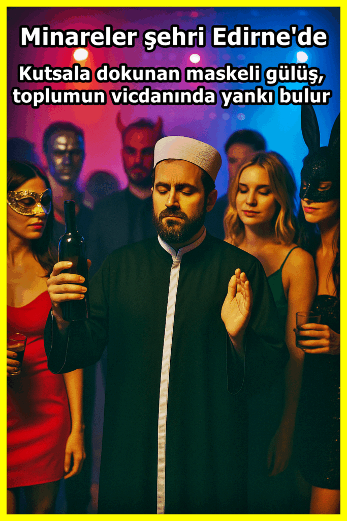 Gece kulübünde düzenlenen kostüm etkinliğinde, imam cübbesine benzer kıyafet giymiş bir kişi elinde içki şişesi tutarken dua eder gibi poz veriyor. Etrafında maskeli ve kostümlü insanlar var, ortam loş ışıklarla aydınlanmış. Görsel, dini değerlerle alay eden davranışlara yönelik toplumsal tepkiyi simgeliyor.