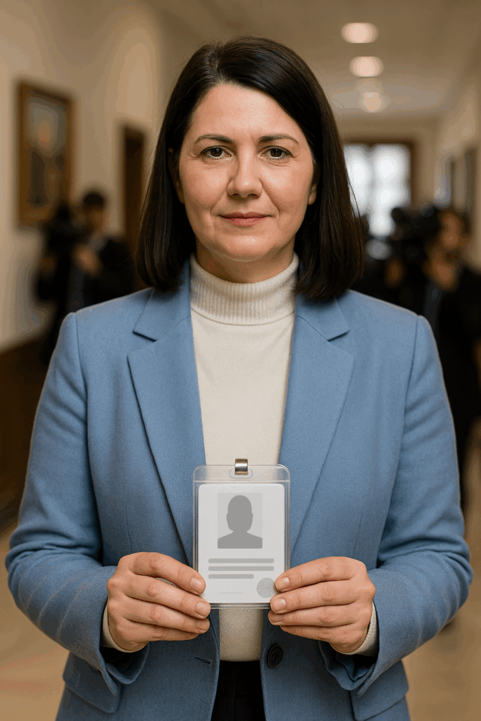 Belediye binasının aydınlık koridorunda yan duran, mavi ceketli ve beyaz boğazlı kazaklı bir kadın elinde kimlik kartı tutuyor; duvarda çerçeveli tablolar, uzakta bulanık gazeteciler ve flaş ışıkları görülüyor.