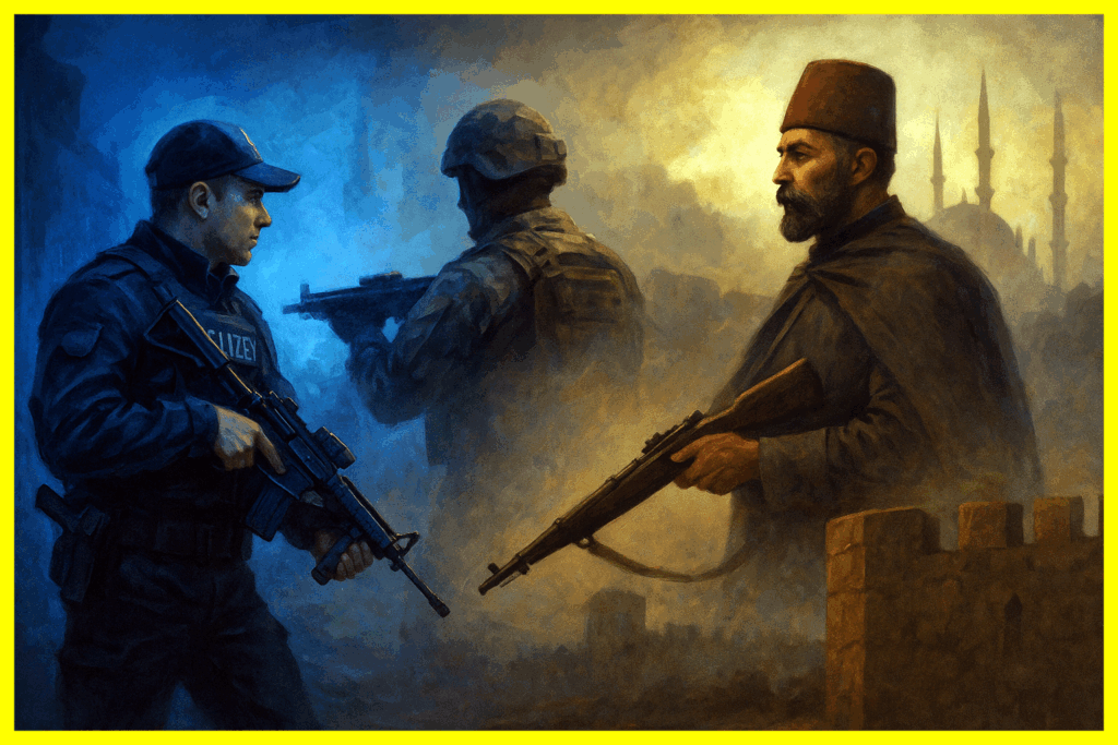 Almanya’daki “Mareşal Gücü 2025” tatbikatında yaşanan polis–asker çatışması ile 1913 Edirne Savunması’nı birleştiren anlamlı kompozisyon. Sol tarafta mavi ışıkların aydınlattığı modern Alman polisi ve askeri; sağda, Selimiye Camii silueti önünde tüfeğini tutan Şükrü Paşa figürü yer alıyor. Soğuk mavi tonlar modern çağı, sıcak sarı ışıklar tarihî direnişi simgeliyor. İki dönem arasındaki ışık geçişi, iletişimsizliğin değişmeyen bedelini vurguluyor.
