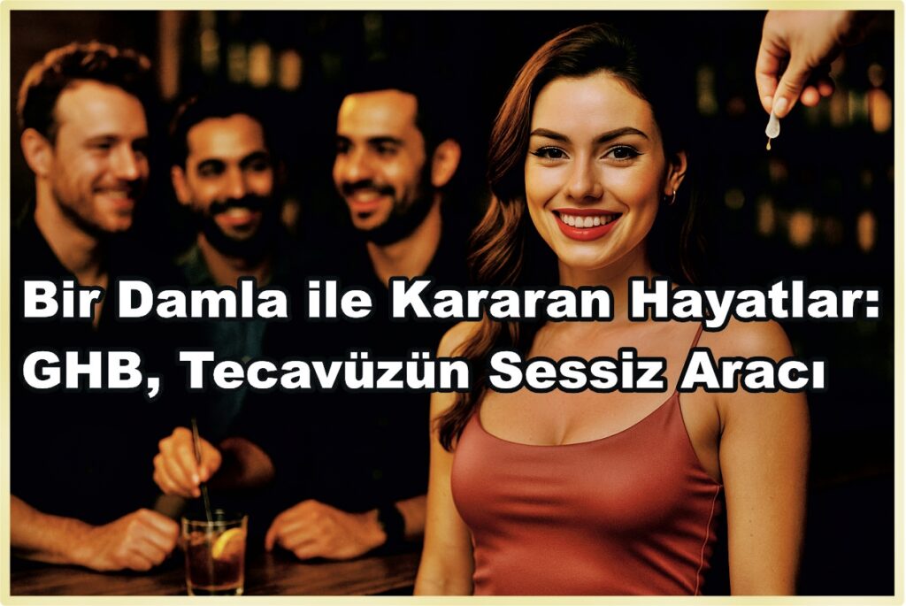 Bir bar ortamında, ince askılı elbise giymiş, koyu kırmızı rujlu ve dikkat çekici makyajlı genç bir kadın figürü; yanında birkaç erkek gülümseyerek sohbet ediyor. Kadının elindeki bardakta sıvıya gizlice damlatılan bir madde dikkat çekiyor. Arka plan loş, atmosfer gece kulübü havasında. Görsel, GHB maddesinin içeceklere karıştırılarak tecavüz amaçlı kullanılmasına dair tehlikeyi vurguluyor.