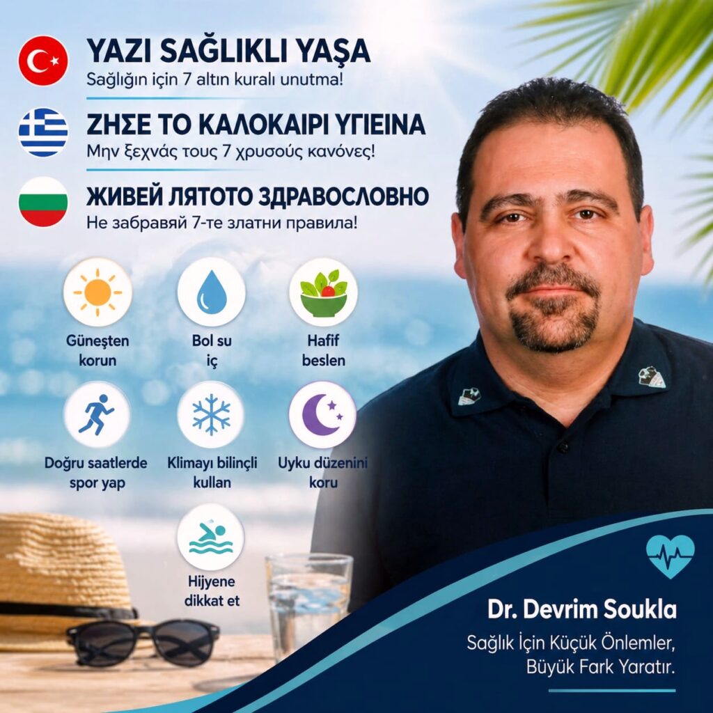 Dr. Devrim Soukla’nın yaz aylarında sağlıklı yaşam önerilerini içeren, Türkçe, Yunanca ve Bulgarca hazırlanmış bilgilendirici sağlık görseli.